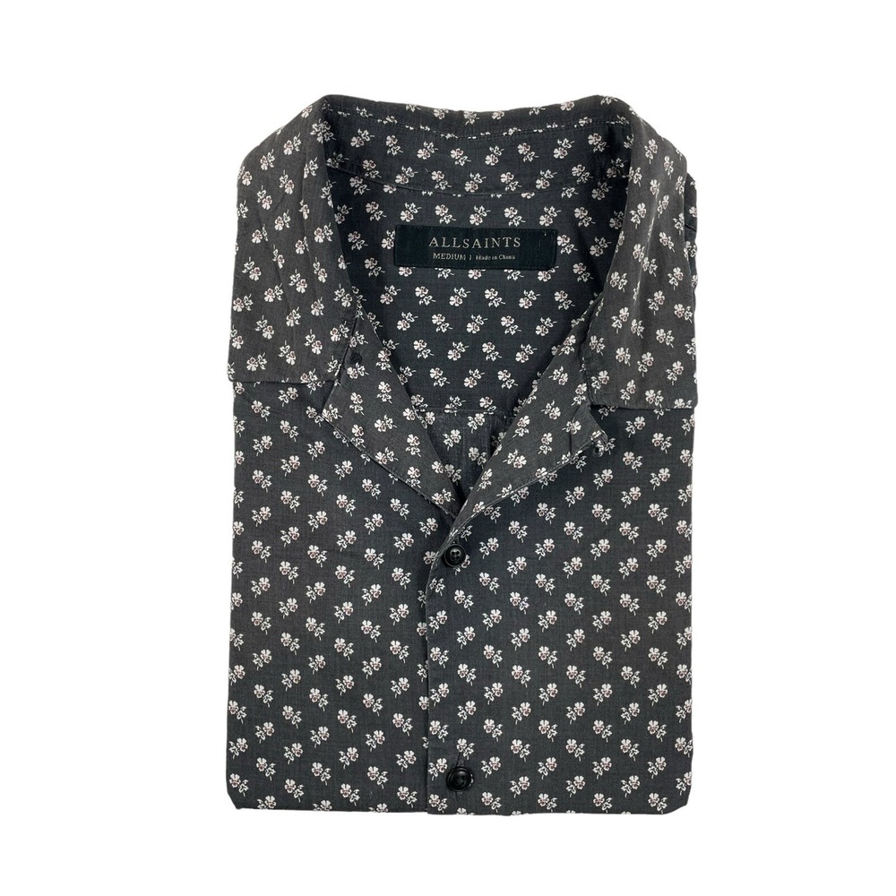 AllSaints Mens Gray White Floral Buttoniere SS Cotton Button Down Shirt Medium